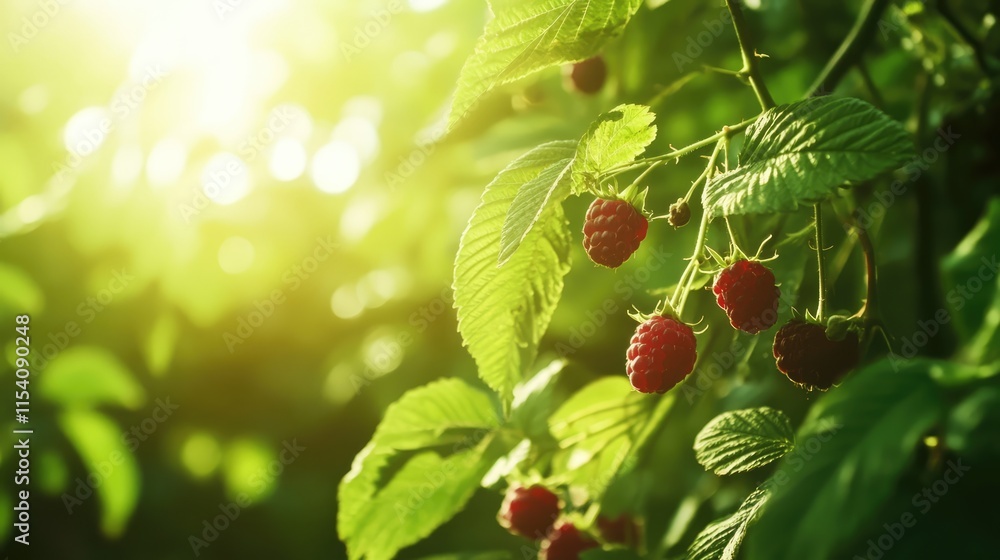 Poster raspberry bush with ripe berries in sunlight capturing freshness and abundance in a garden setting