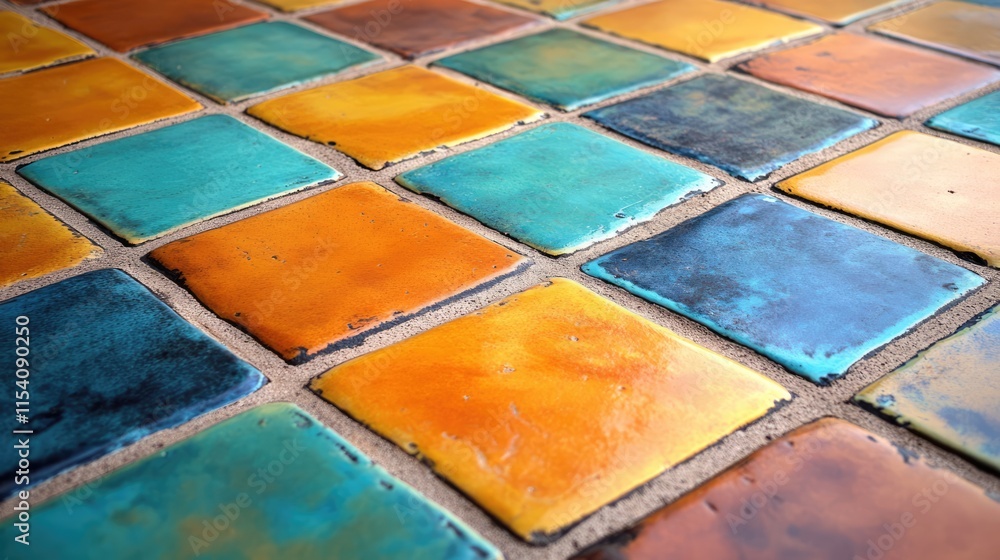 Poster colorful outdoor tiled surface close-up showcasing vibrant patterns and textures ideal for landscapi
