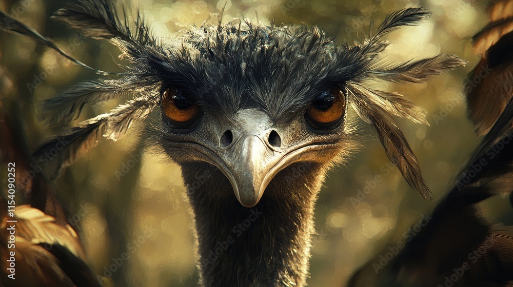 Poster Ostrich with unique feather display around its eyes showcasing striking features in a natural setting.