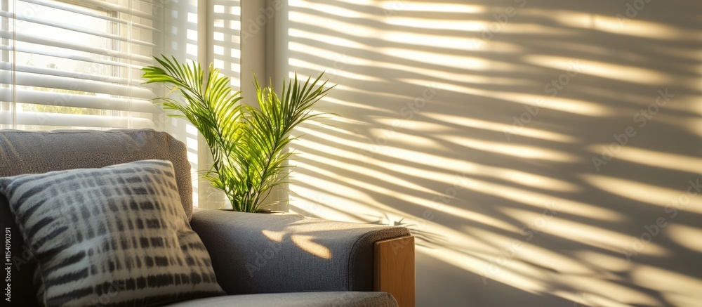 Aufkleber Geometric shadows from blinds in a sunlit room with a cozy couch and greenery creating a serene and inviting atmosphere