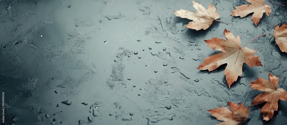 Poster autumn maple leaves with raindrops on a grey background featuring negative space for text or design 