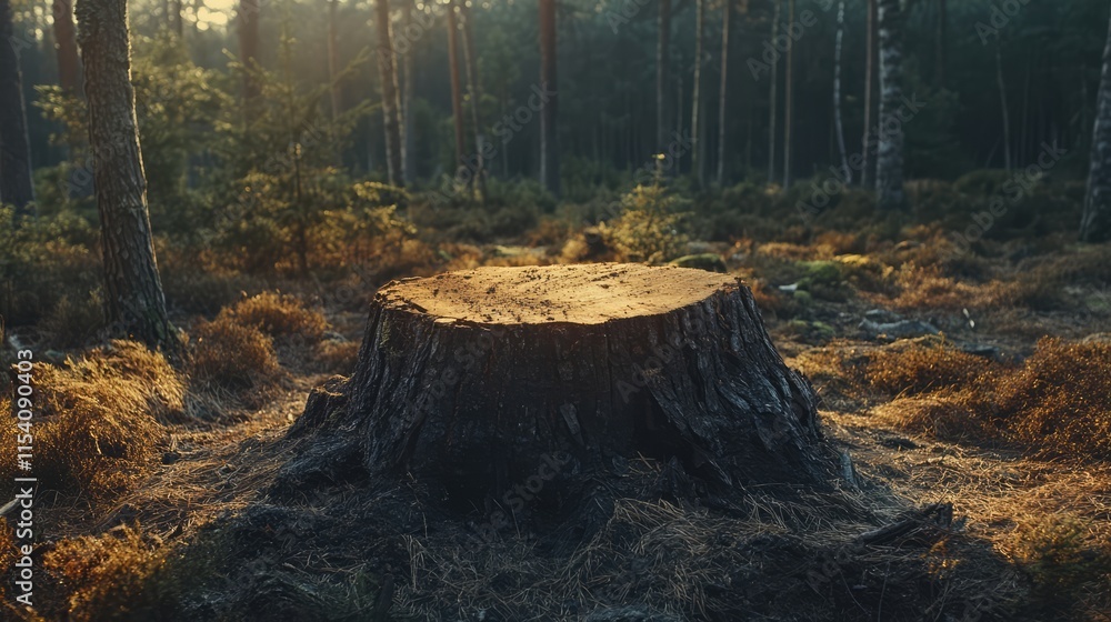 Poster pine tree stump in a serene forest landscape after logging with sunlight filtering through the trees