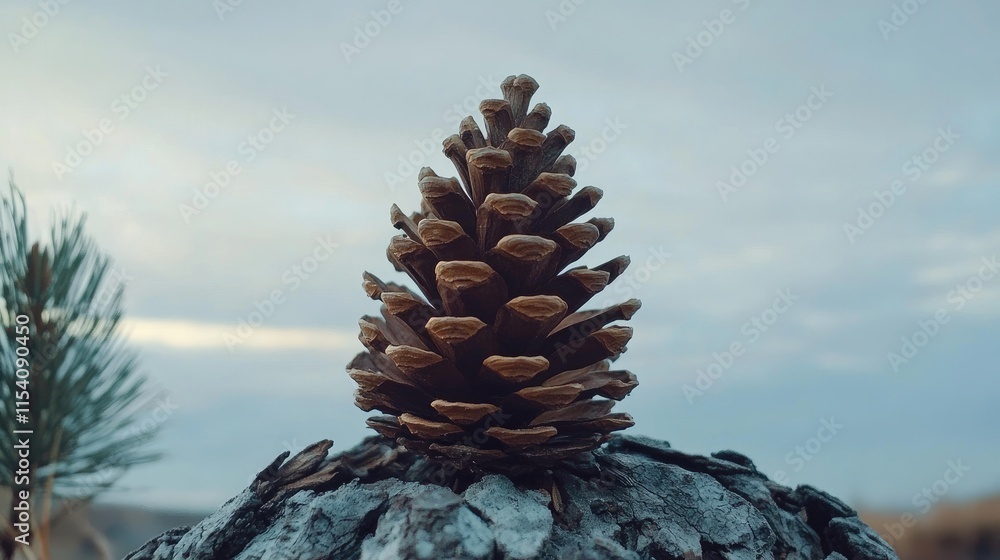 Poster rustic pinecone resting on textured bark with a serene blurred landscape background under a soft clo