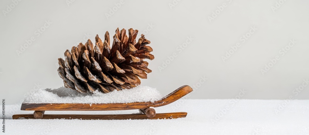 Poster pine cone resting on a rustic sled with snow against a minimalist white background showcasing winter