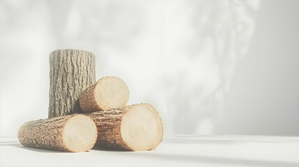 Natural wooden logs stacked on a minimalist background showcasing organic textures and warm earthy tones in soft natural light