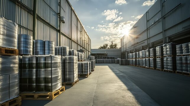 Industrial warehouse exterior showcasing organized barrel storage under a cloudy sky with sunlight illuminating the pathway between the buildings.