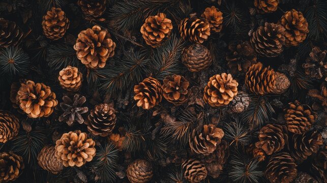 Scattered pine cones on a forest floor surrounded by pine needles creating a natural woodland background texture