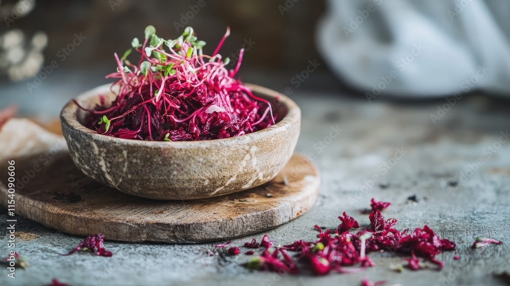 Poster fresh red beet sprouts served in a rustic bowl with a textured background showcasing healthy raw foo