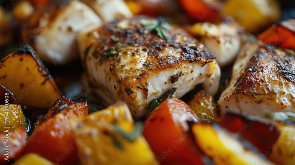 Poster oven roasted mackerel fillets with colorful vegetables closeup displaying vibrant textures and entic