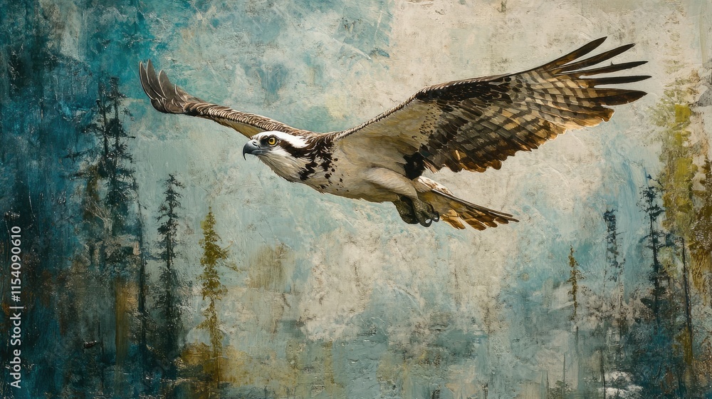 Poster osprey soaring gracefully above a serene natural landscape with soft tones and artistic background e