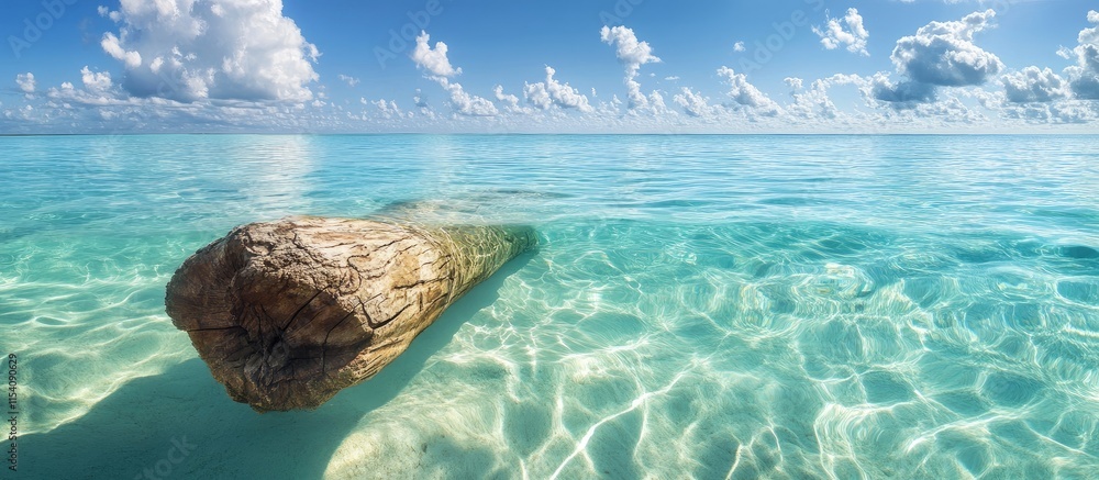 Poster tranquil scene of a tree trunk submerged in crystal clear water against a backdrop of blue skies and