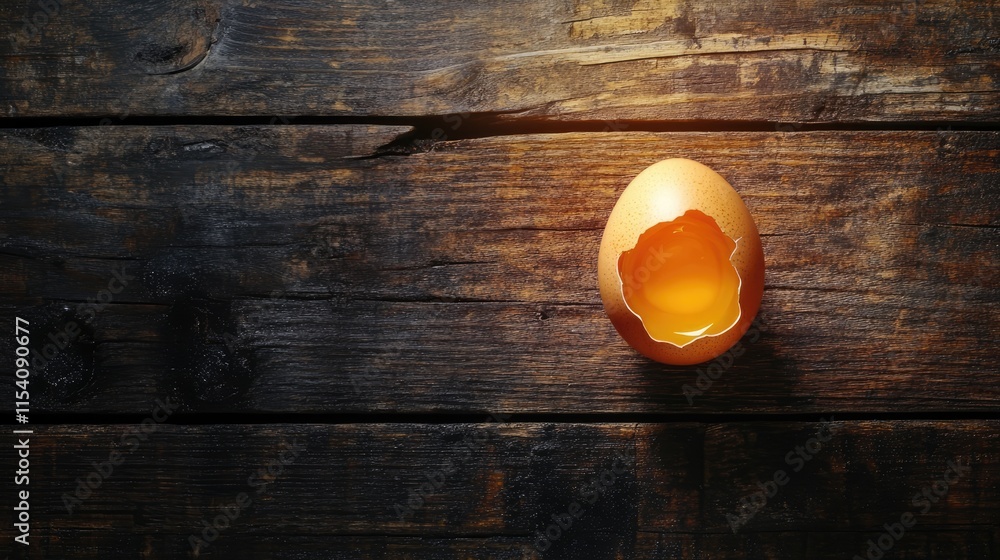 Poster raw egg with a broken shell on rustic wooden table showcasing natural textures and available space f