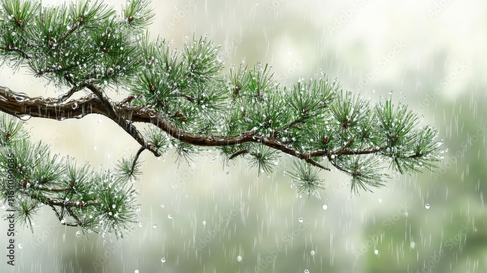 Poster pine tree branch with water drops on needles in the rain creating a serene natural atmosphere with b