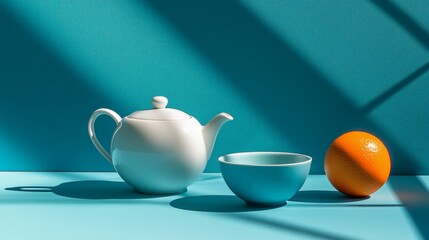 A minimalist tea setup with a white teapot and a vibrant orange fruit. The blue background creates a calm atmosphere.