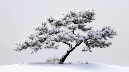 Snow-covered pine tree on a tranquil winter landscape with soft snow blanket and muted background for serene nature scenes.