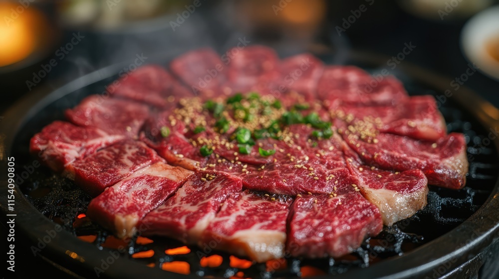 Poster grilled beef slices on a charcoal grill garnished with sesame seeds and green onions creating an app