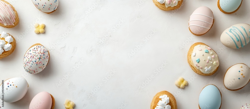 Aufkleber easter themed pastries and decorated eggs arranged on a white background with space for text perfect