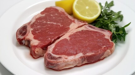 Freshly prepared raw meat cuts ready for cooking garnished with lemon and herbs on a white plate for steak recipes.