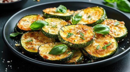 Oven baked zucchini rings with cream sauce and herbs on black plate closeup with copy space for culinary promotions or recipe blogs