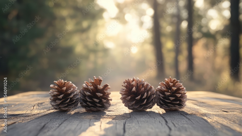 Poster pine cones arranged on wooden surface with soft blurred forest background creating a serene autumn a