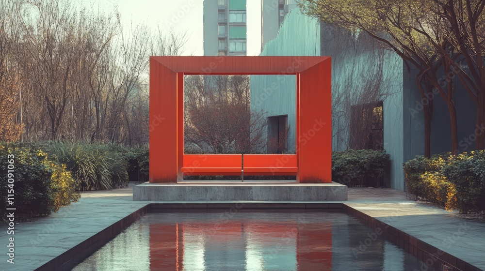 Poster modern architectural park design featuring a striking red frame and serene water reflection surround