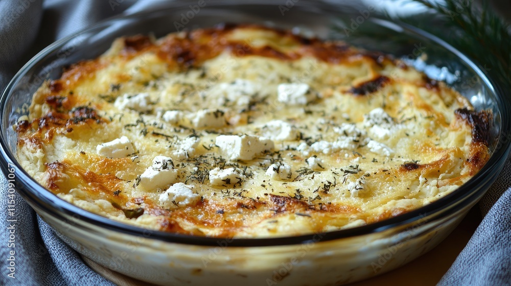 Aufkleber ossetian pie filled with creamy feta cheese and herbs served in a glass dish on a textured backgroun