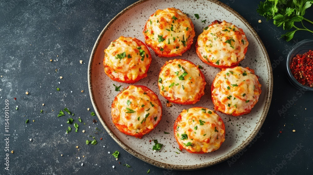 Poster Oven baked red prawns stuffed with cheese on a stylish plate complementing a dark gray background in an appealing flat lay presentation
