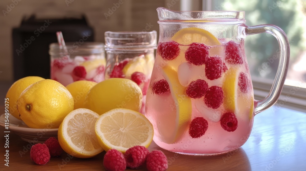 Poster refreshing raspberry lemonade in a pitcher with fresh lemons and raspberries perfect for summer gath