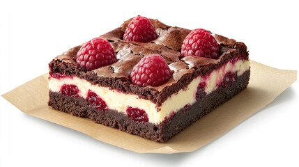 Raspberry cheesecake brownie dessert on baking paper with fresh raspberries on top.