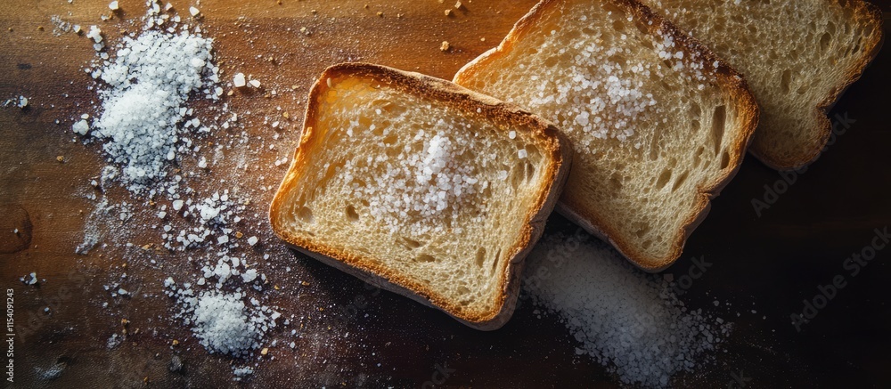 Poster slices of toasted bread sprinkled with salt on a rustic wooden surface with scattered salt granules