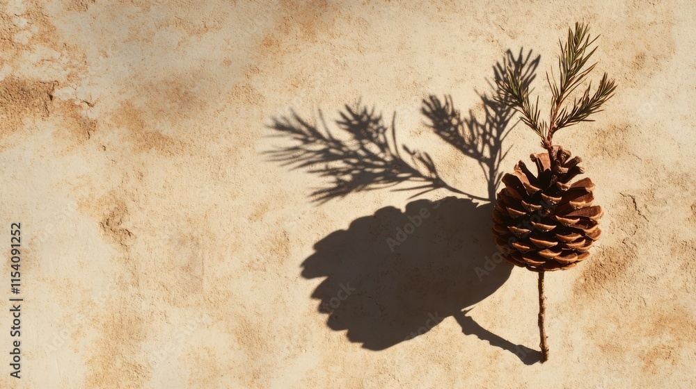Poster pine cone and twig casting intricate shadows on textured background space for text in natural light 