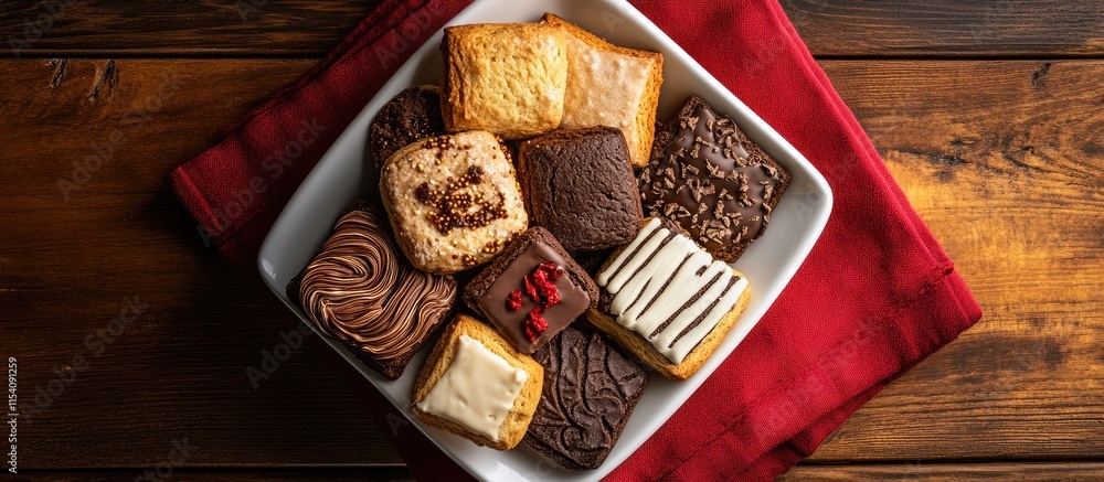 Aufkleber overhead view of an assortment of home baked biscuits with icing and decorations in a white bowl on 