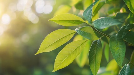 Soft green leaves gently illuminated by sunlight with a blurred natural background creating a tranquil botanical atmosphere.