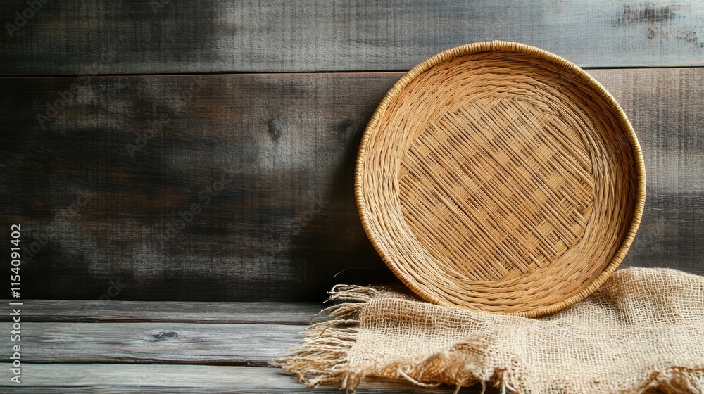 Poster rattan basket on wooden table with textured tablecloth creating a rustic background atmosphere for h