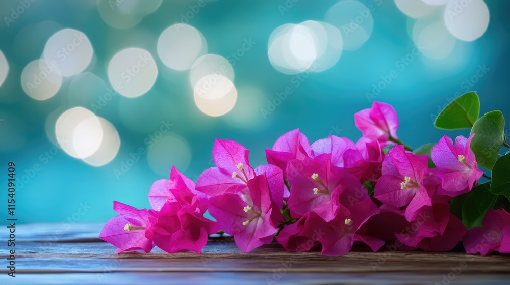 Poster pink bougainvillea flowers arranged on a wooden table with a soft bokeh background creating a serene