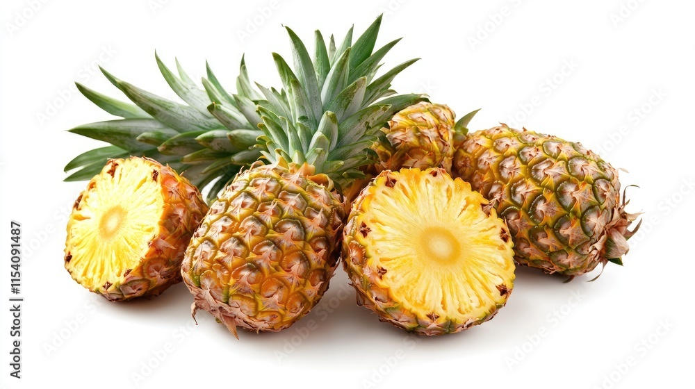 Poster fresh ripe pineapples and slices arranged on white background showcasing food concept in flat lay vi