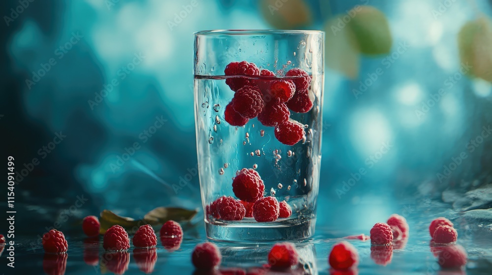 Aufkleber fresh raspberries in a glass of sparkling water with scattered berries on a reflective surface and a