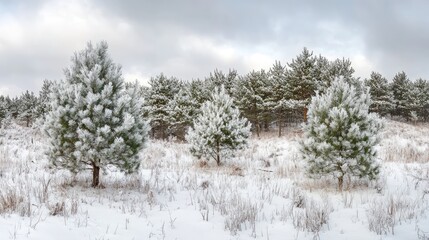 Frosty pine trees in a snowy landscape under a cloudy sky capturing the beauty of winter tranquility in a natural setting
