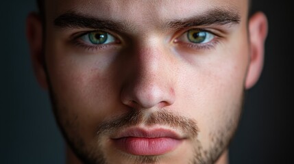 Obraz premium Intense close-up portrait of a young man with striking green eyes and a thoughtful expression against a muted background