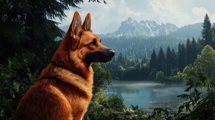 Naklejka premium Majestic Dog in Serene Natural Landscape with Mountains and Lake