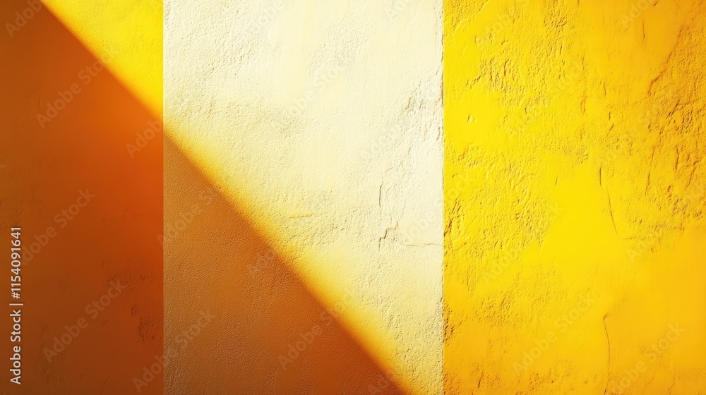 Aufkleber Illuminated yellow wall corner with geometric shadow patterns highlighting textures and creating depth in minimalist composition