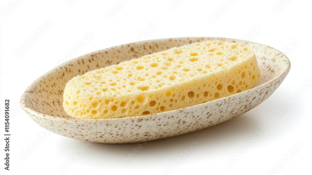 Poster oval bath sponge placed in a decorative dish on a clean white background for spa and relaxation conc