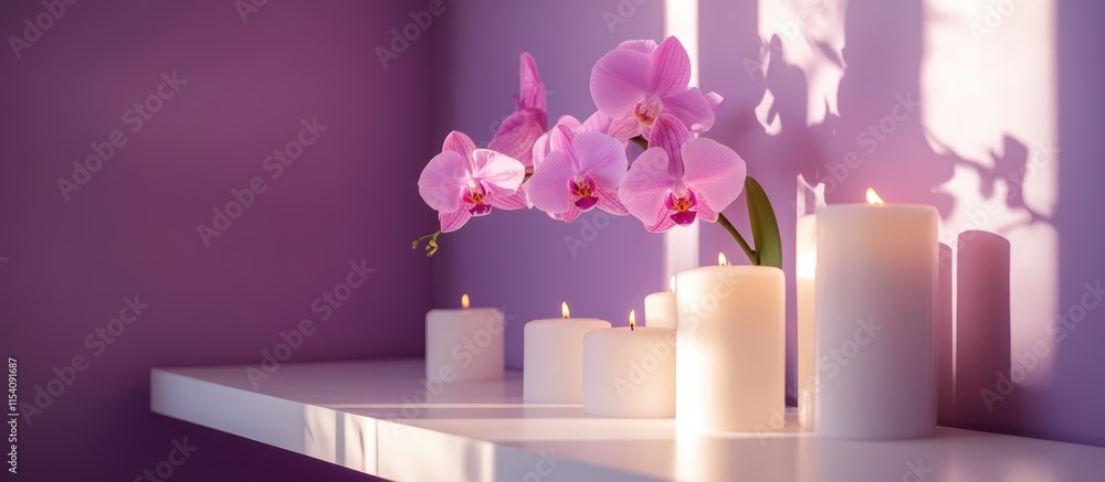 Poster pale pink orchid on a white table with scented candles and purple background creating a serene and c