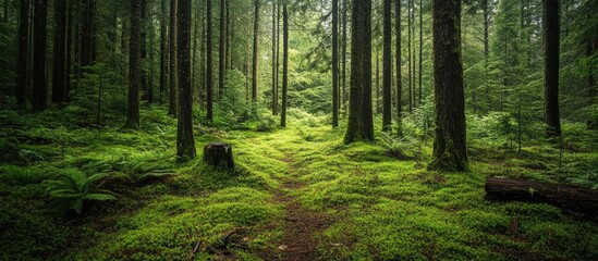 Fototapeta premium Serene forest path in a lush national park with vibrant greenery and towering trees illuminating peaceful natural beauty.