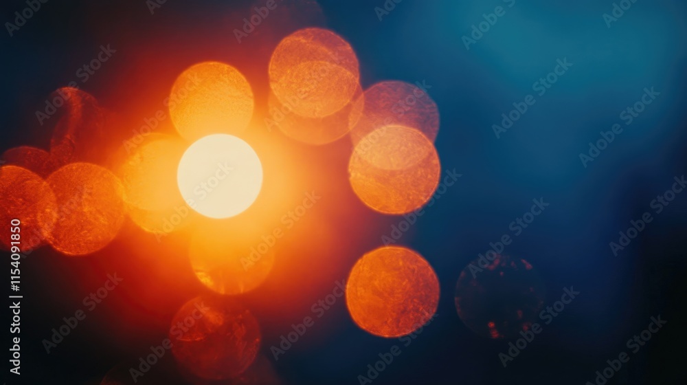 Poster Abstract bokeh of sunset with glowing orange and deep blue background creating a serene oceanic atmosphere in soft focus lighting