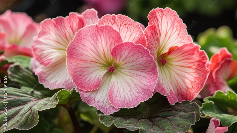 Poster delicate pink and white begonia flowers showcasing intricate textures in a macro view ideal for bota