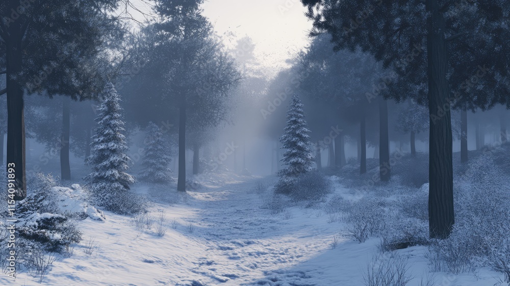Poster winter wonderland in a serene pine forest with snow-covered paths and misty light creating a tranqui