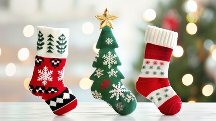 Christmas tree-decorated socks festival on white background