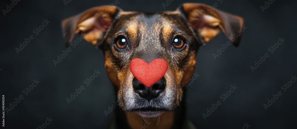 Poster studio portrait of a dog with a red heart shape on its nose symbolizing unconditional love and affec