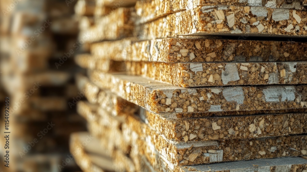 Poster Close-up of stacked OSB slabs made from recycled sawdust highlighting texture and construction material properties